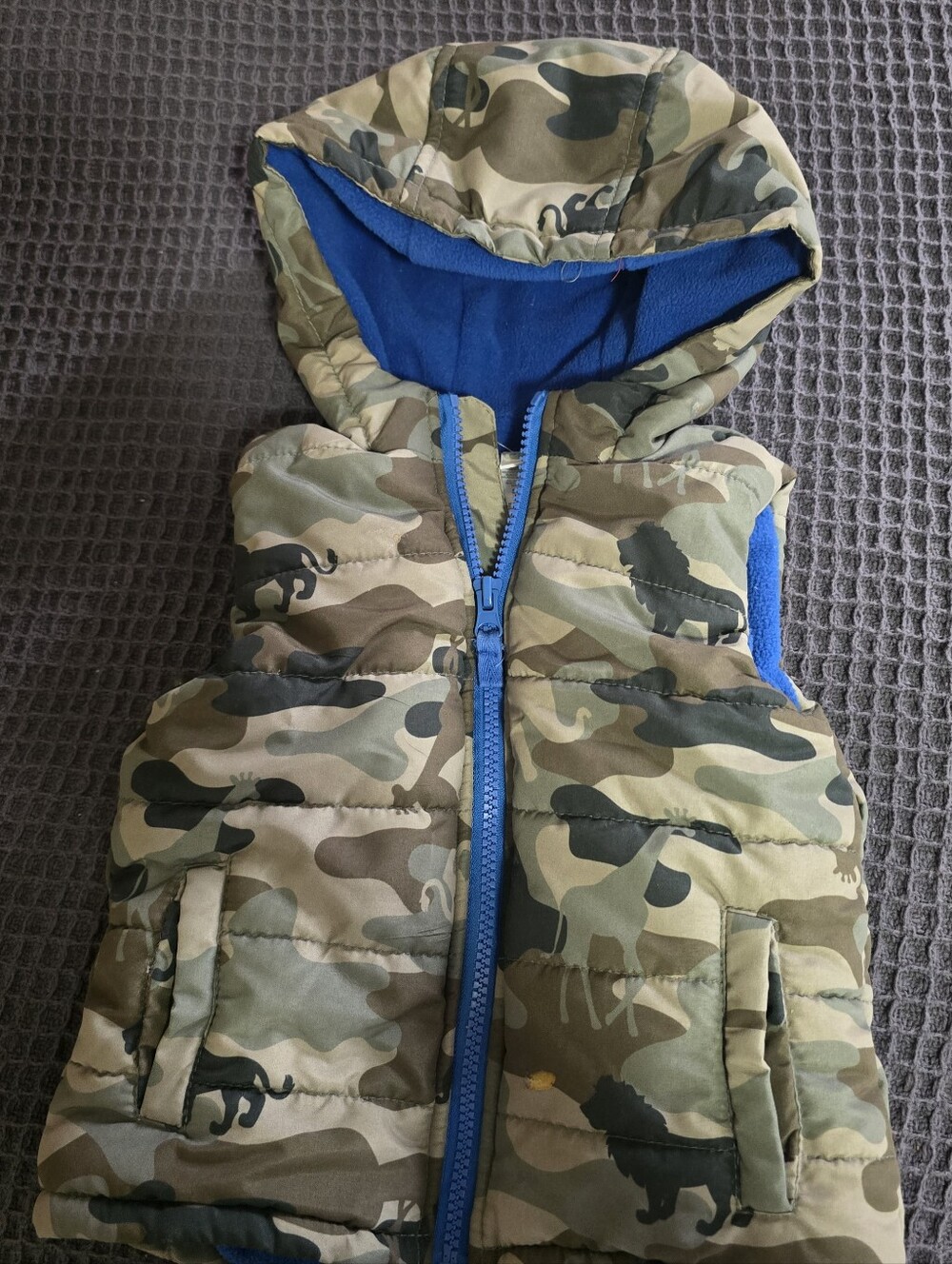 Little Me Camouflage Hooded Puffer Vest with Bright Blue Trim 18 Months